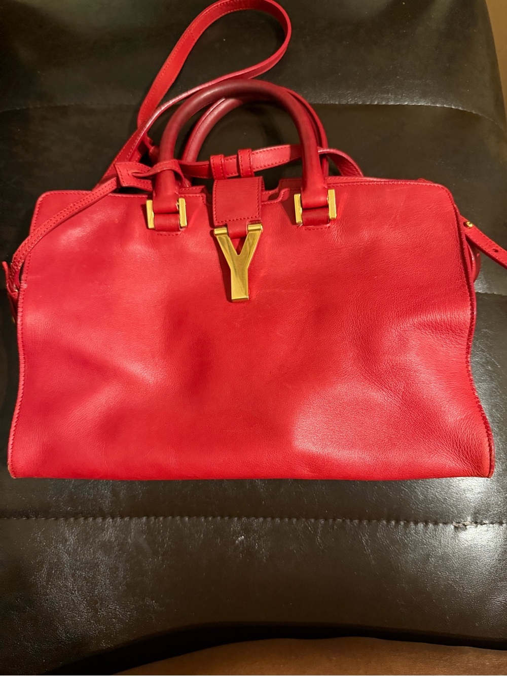 Saint-inspired Red Leather Satchel with Gold Y Accent